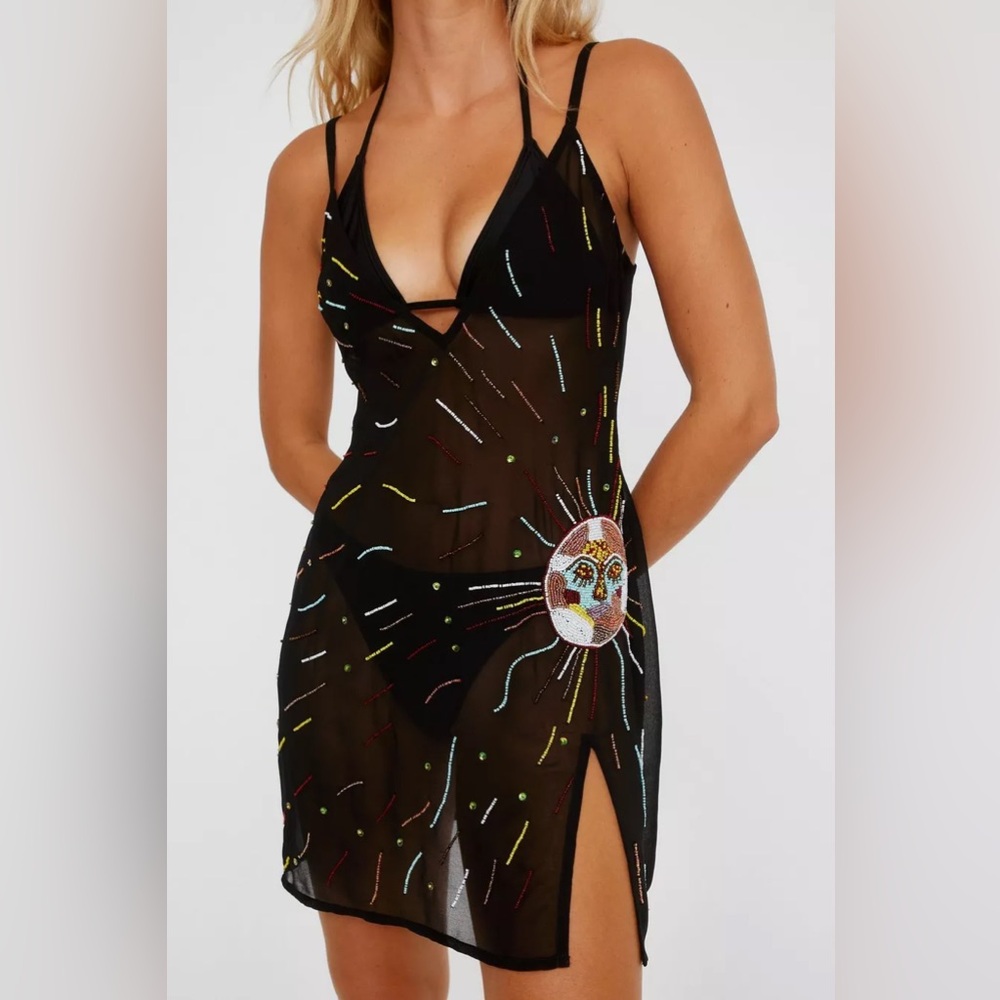 Sun Hand-Beaded Plunge Mini Dress